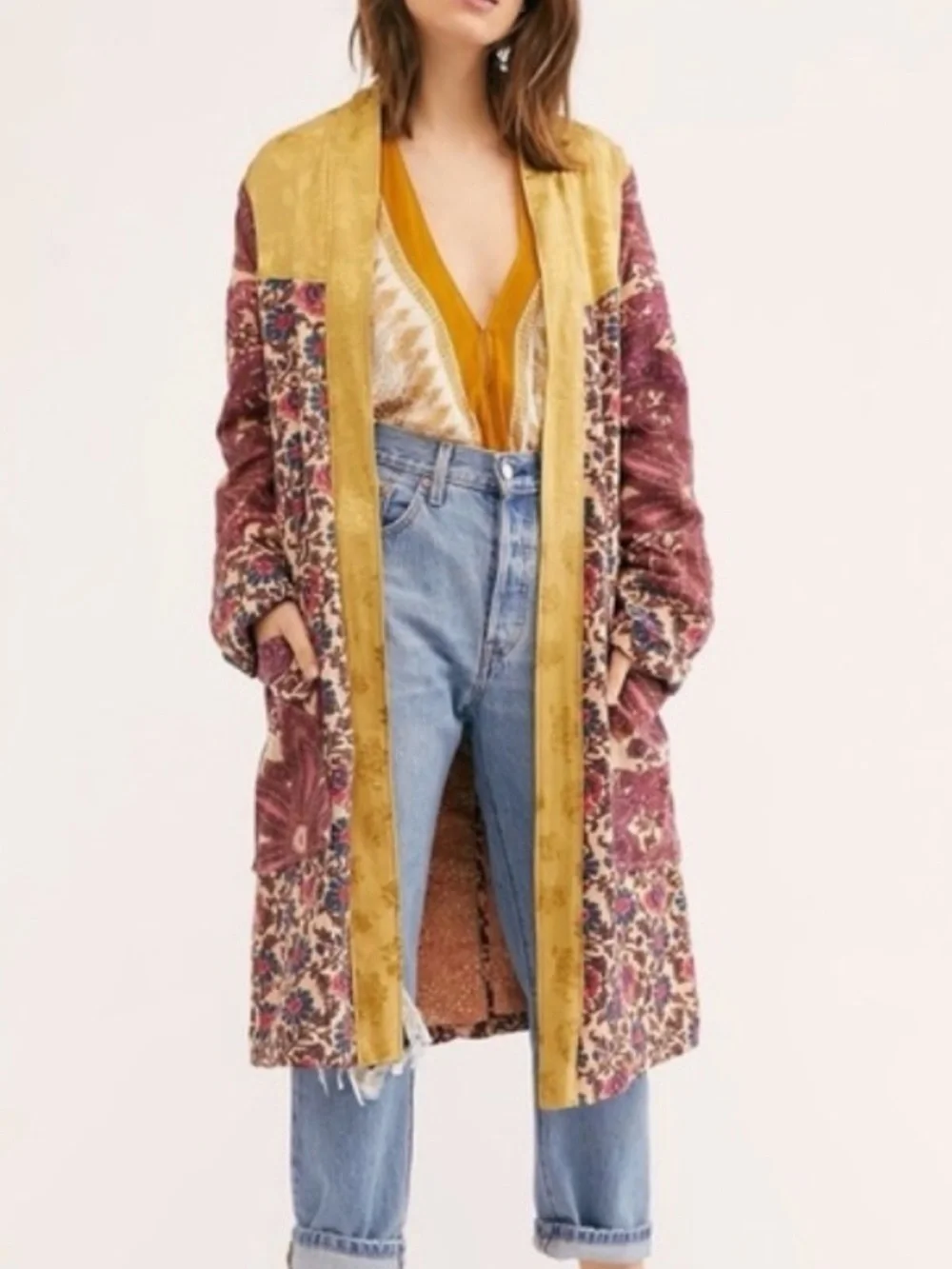 Free People Rare Maggie Floral Duster Jacket L Boho Kimono Festival Layer FP